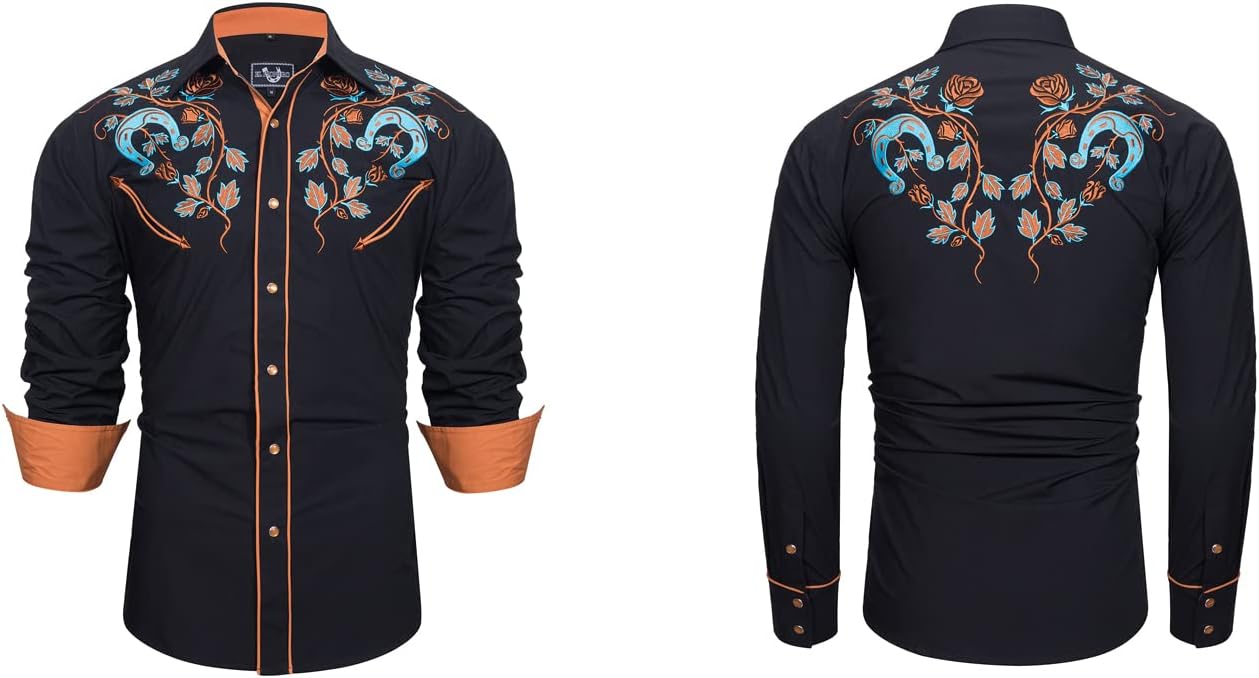 EL PIONERO Men's Floral and Horseshoe Embroidered Long Sleeve Retro Western Cowboy Shirt - Image 5