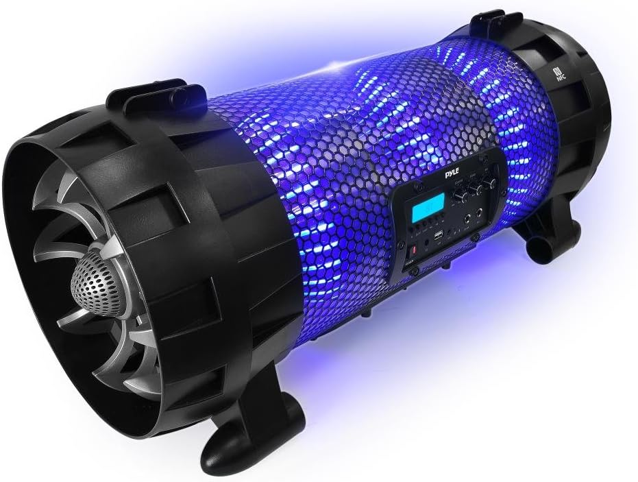 pyle portable wireless boombox stereo rechargeable speaker system with app controlled led beats party lights bluetooth and nfc microphone input aux
