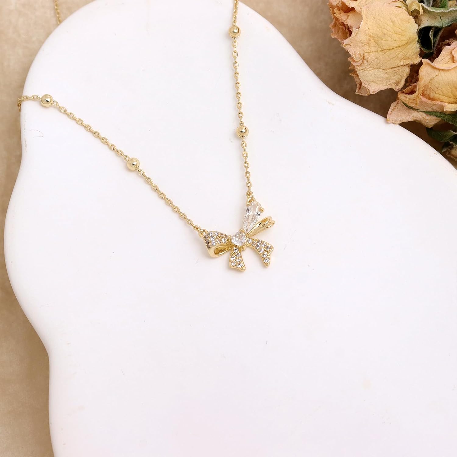 Gold Silver Beaded Bow Pendant Necklace for Women, Dainty CZ Rhinestone Ribbon Dangle Adjustable Chain Choker Necklaces Wedding Prom Accessories Fashion Jewelry Gift - Image 5