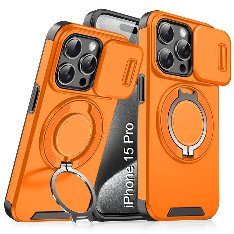 Image of LuxuryKase Shockproof Rugged Case for iPhone 15 Pro | Slide Camera Cover | 360 Rotating Ring Kickstand | Military-Grade Protection - Sunset Orange