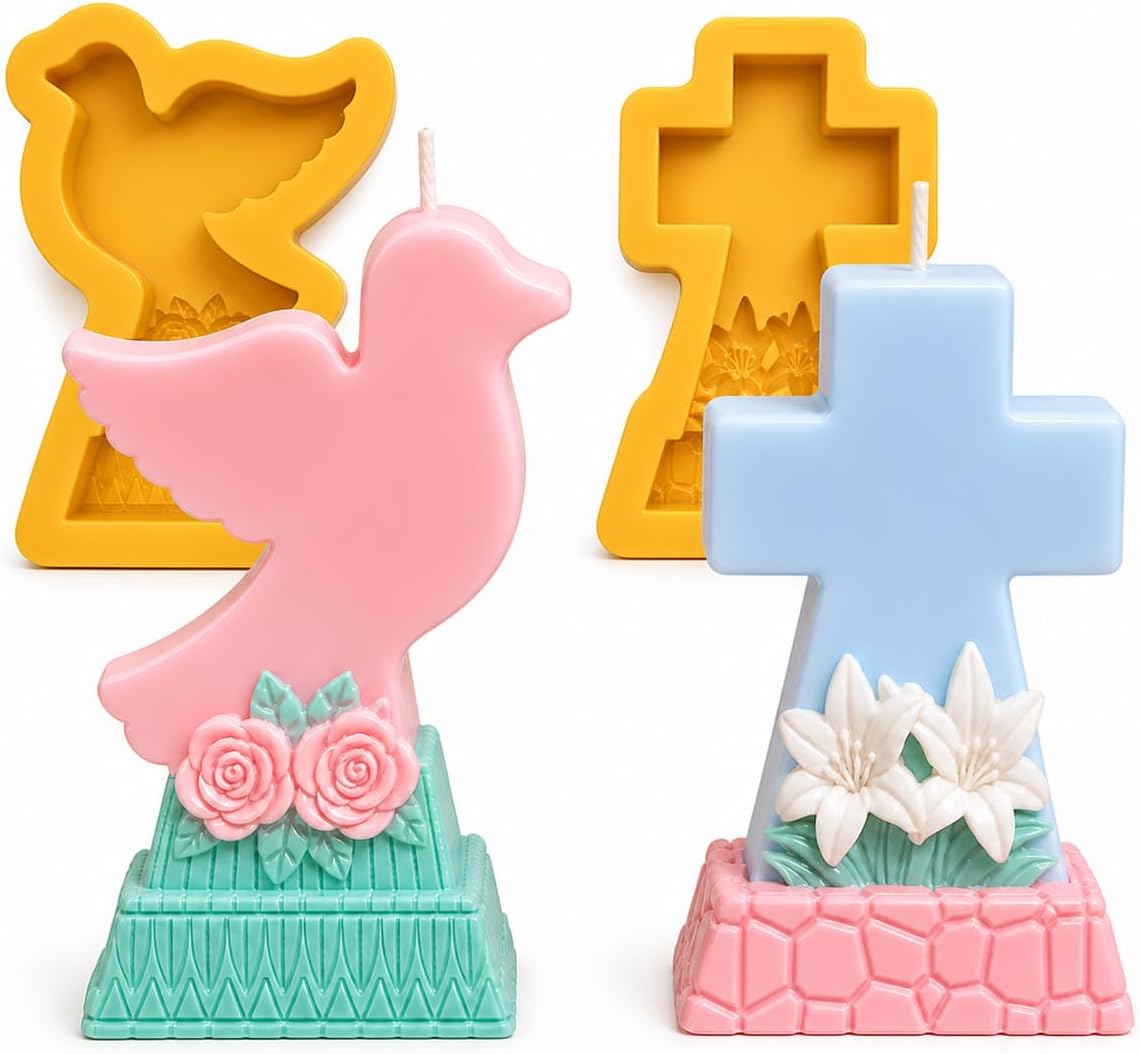 Premium Silicone Candle Molds Set 2 Pieces – Cross Mold & Dove for Candle Making, Soap Molds, Chocolate Mold, Moldes para Velas, Moldes De Silicona para Velas, Cross Molds for Chocolate.