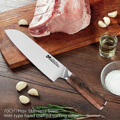KANKIKUSUI Chef Knife 7" with Sheath/Sharpener/Polishing Cloth/Gift Box, 70CR17MOV High Carbon Superior Japanese Steel — view 5