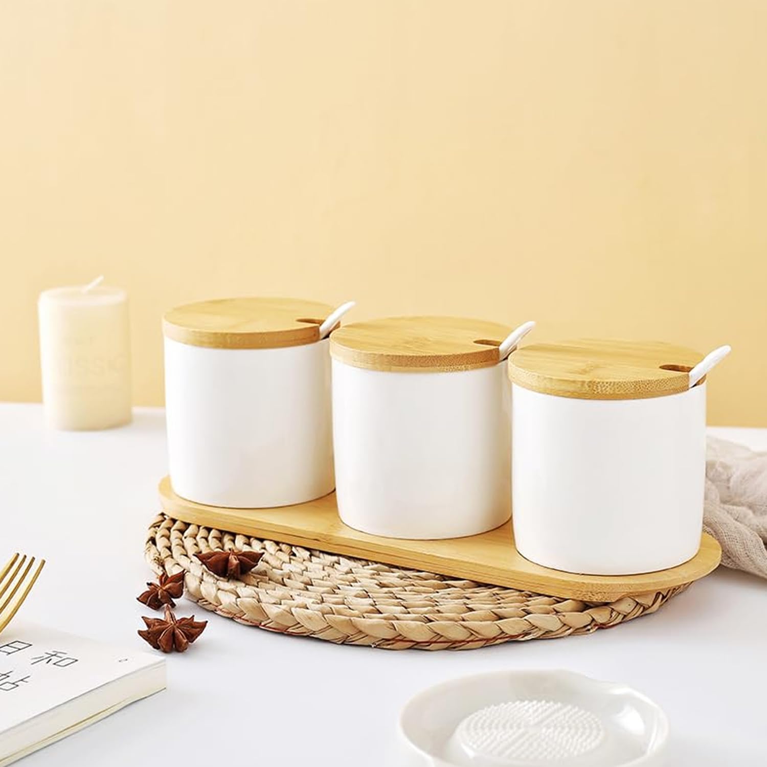Ekhasa Ceramic Jar With Bamboo Lid, Spoon And Tray For Multipurpose Kitchen Storage (Set Of 3, 250Ml Each) Pickle, Spices, Sauces Storage Jar For Kitchen And Dining Table, White (B0CS6SGBYV) Amazon Price History, Amazon Price Tracker