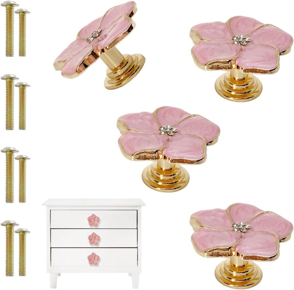 4 pcs Petal Knob Handle Unique Zinc Alloy Flower Shape Single Hole Knob Handle for Cabinets,Drawers, Wardrobes Furniture Decoration(Pink)