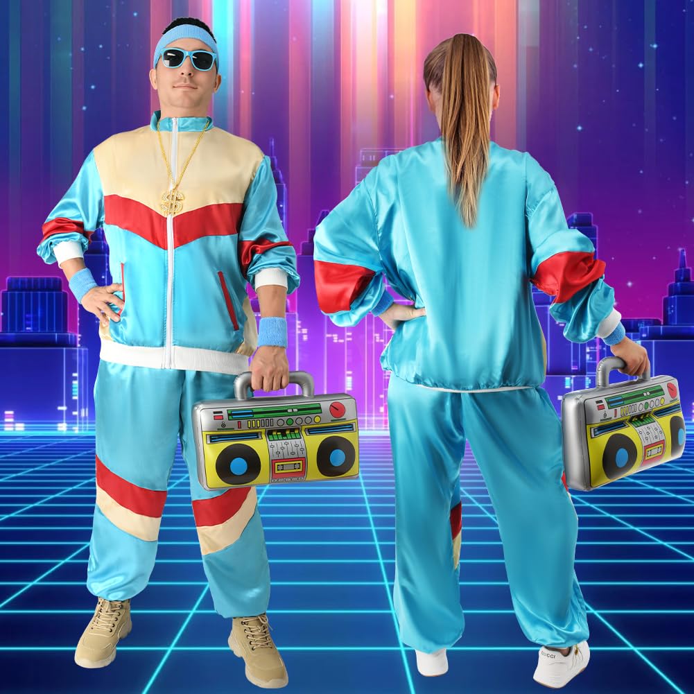 Aomig Kostiumy z lat 80-tych dla mężczyzn i kobiet, kostium dresowy z kołnierzem z radia i dolara, dres retro na Rockstar Karnawał Halloween Cosplay Imprezy Neon