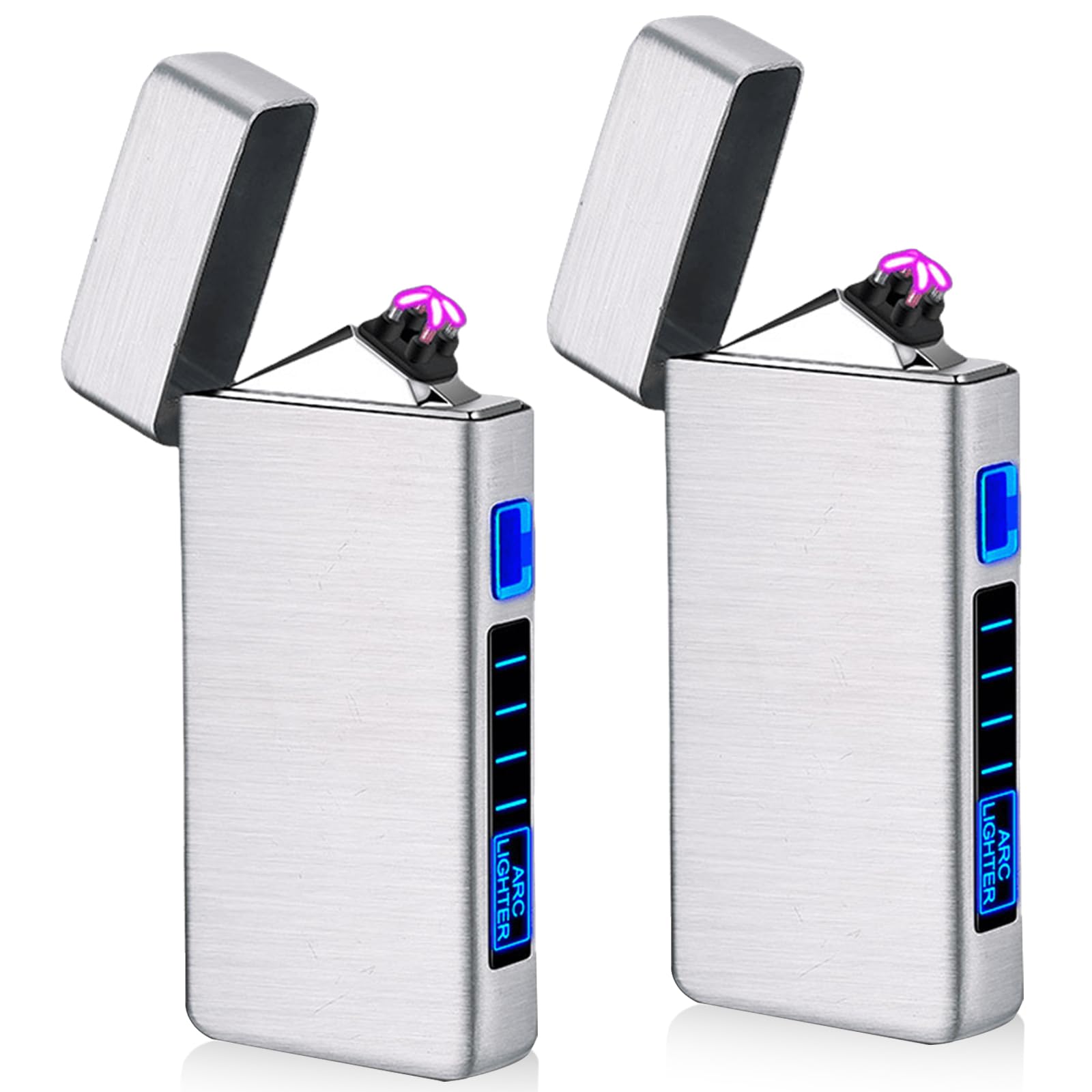 Leikurvo Pack of 2 USB Electronic Lighters, Electric USB Lighter, Arc Lighter, LED Dual Arc Lighter with Battery Indicator, Windproof Plasma Lighter, Release Lighter at the Touch of a Button