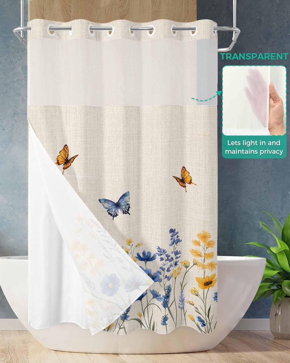 No Hook Shower Curtain with Snap in Fabric Liner Set-Colorful Lavender Daisy on Linen Bathroom Curtains with See Through Mesh Top Window,Summer Flower Waterproof Double Shower Curtain 36x72In