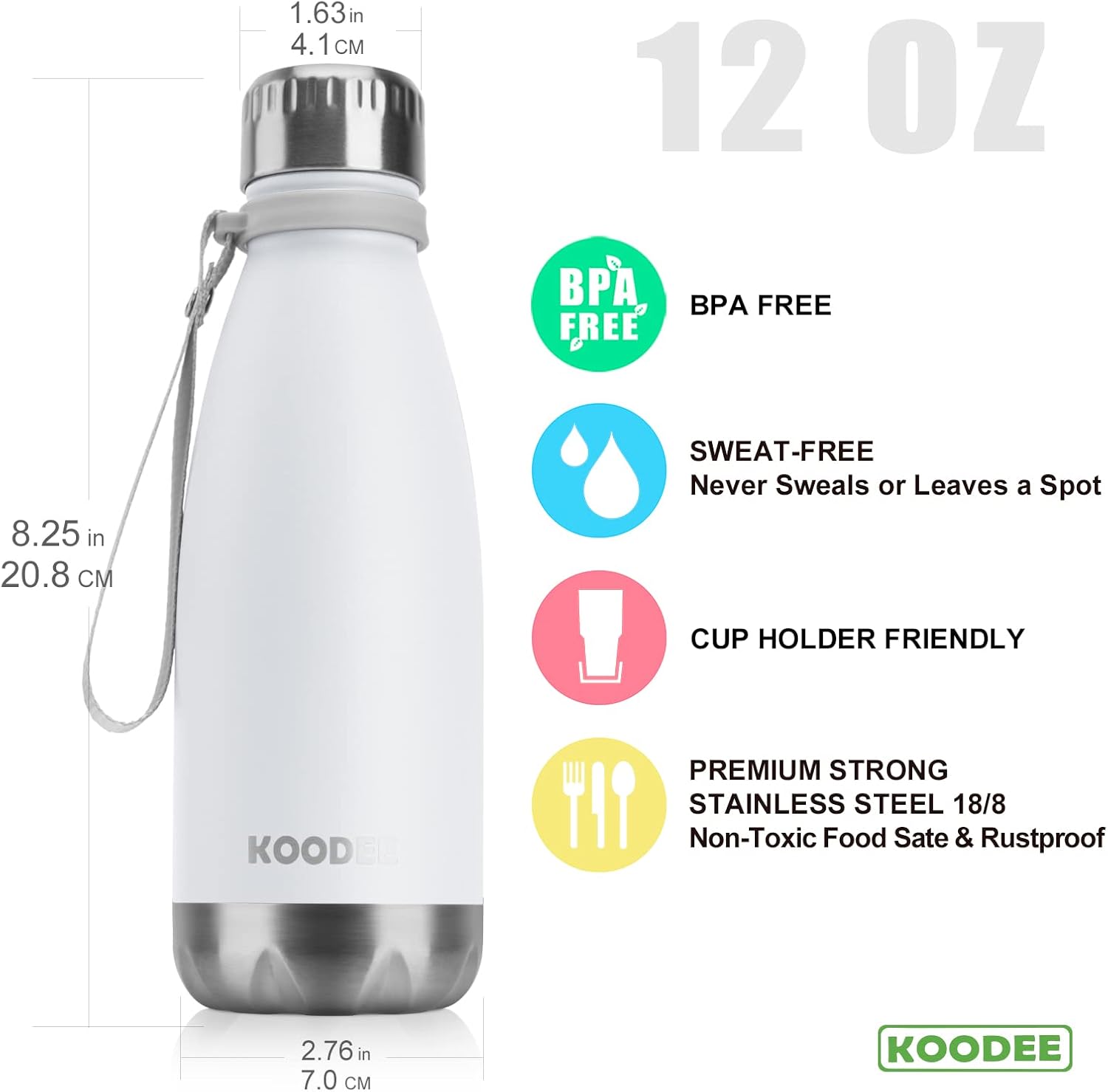 koodee 12 oz Stainless Steel Water Bottle for Kids, Double Wall Vacuum Insulated Flask Cola Shape Metal Water Bottles for School (White) - Image 2