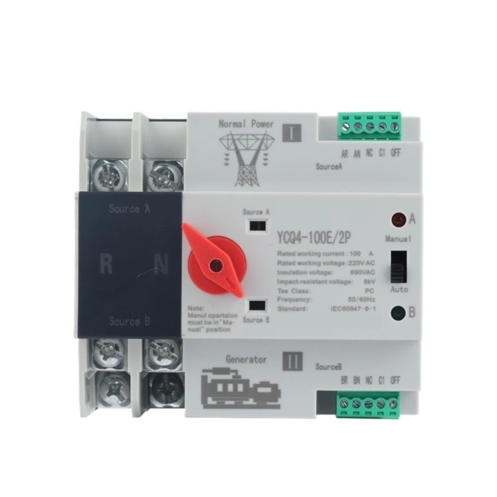 Interruptor de transferencia automática 2P Din Rail ATS Doble potencia Interruptor de Transferencia Automática interruptores selectores eléctricos potencia 63A 100A(100A)