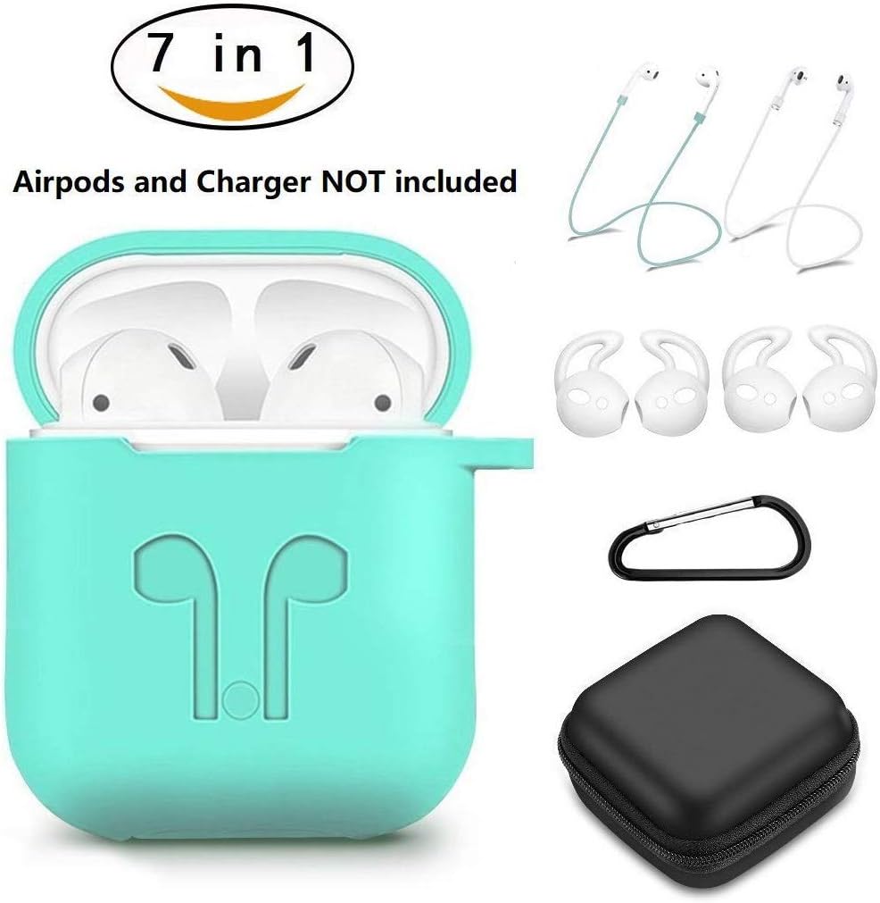 AirPods Case 7 in 1 Airpods Accessories Kits Protective Silicone Cover and Skin for Apple Airpods 1 & 2 Charging Case with Airpods Ear Hook Airpods Straps (Light Green)