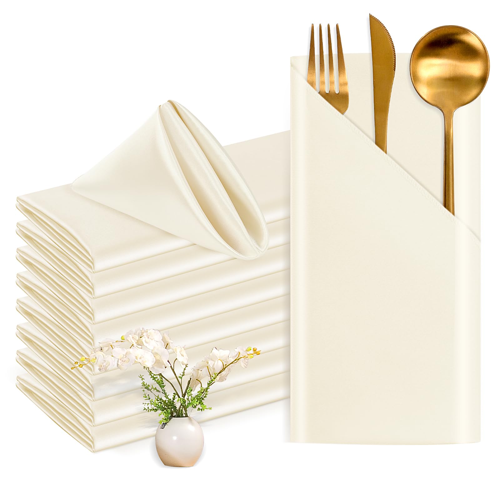 Lot de 100 serviettes de table carrées en satin doux et lavable pour mariages, fêtes, dîners, Thanksgiving, Noël - Ivoire - 50,8 cm