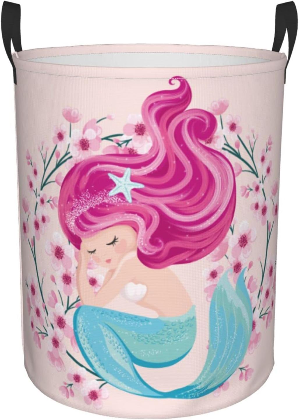 Segur Cute Round Mermaid Laundry Basket with Flowers Storage Basket Toy