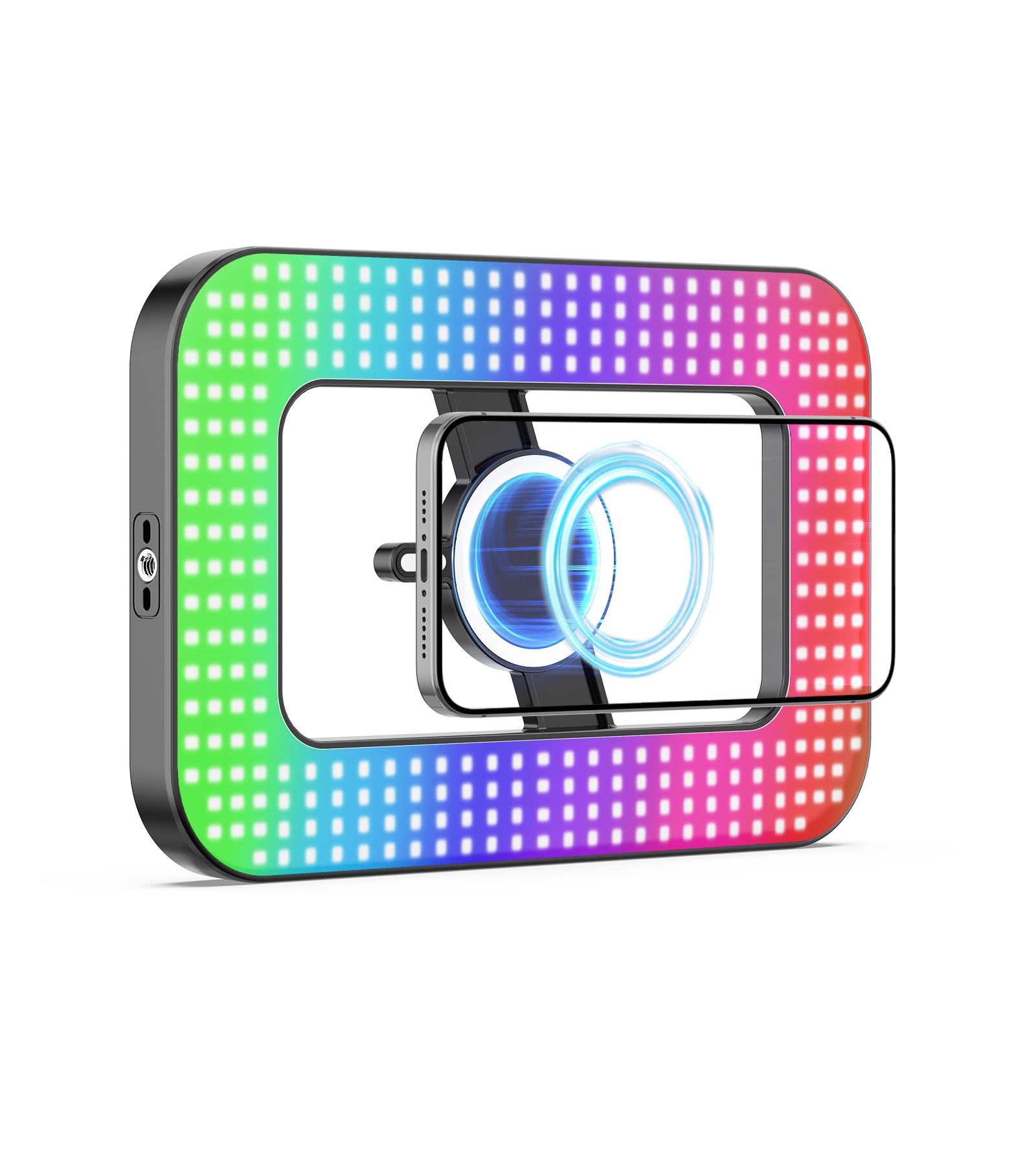 TONEOF Ładowalna lampa selfie, magnetyczna wersja RGB z mini statywem | Lampa RGB kompatybilna z Magsafe z dwustronnym magnesem, w zestawie mini statyw. Do kreatywnych kolorowych zdjęć, filmów