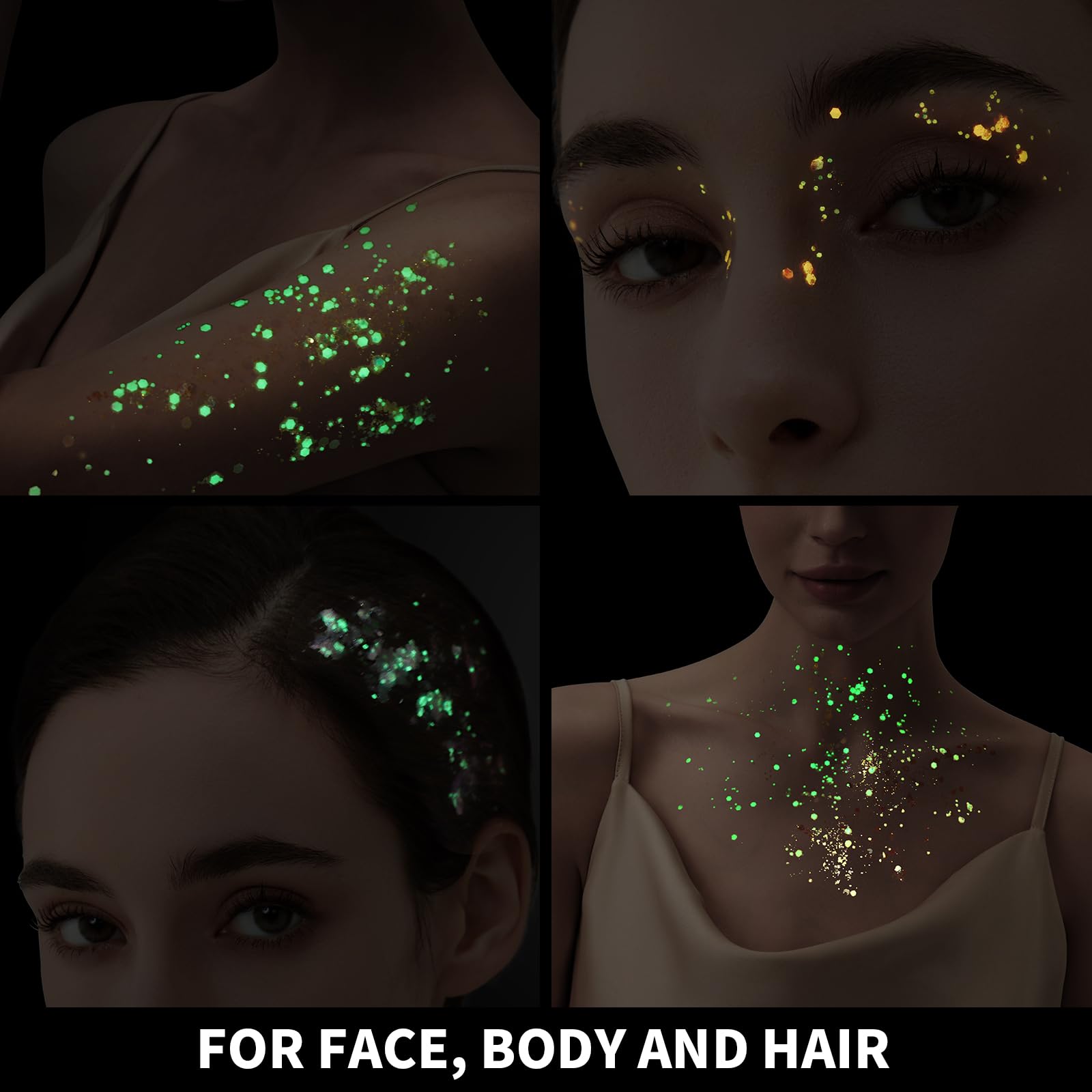 6 colores que brillan en la oscuridad, gel de purpurina facial, purpurina corporal para el cabello para Halloween, maquillaje, luz negra UV, fiesta, fiestas de animación, festivales 6