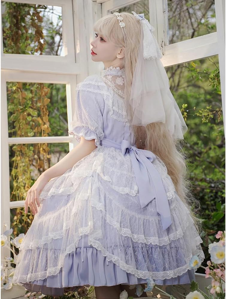 Women Elegant Court Dress Light Purple Lolita Dress Palace Style Dress Lace Ruffled Big Swing Dresss