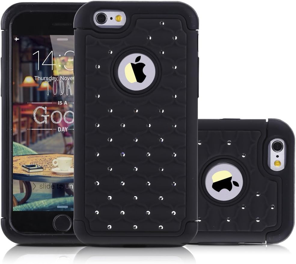 iPhone6S Case, Shockproof Heavy Duty Mobile Phone Case Hybrid Dual Layer Hard PC with Soft Rubber Apple iPhone 6S Cover 4.7 Inch Rhinestone Bling Dust/Drop Protective Cell Phone Case Shell (Black)