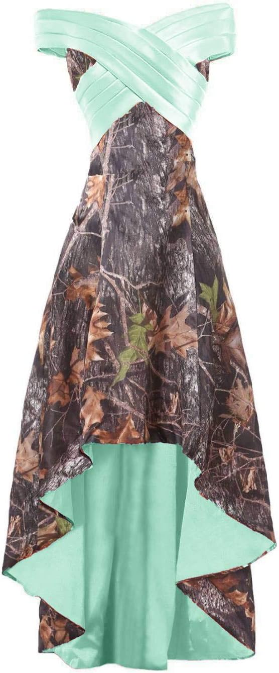 YINGJIABride High Low Camo Bridesmaid Dresses Party Formal Gowns Prom Dress Off Shoulder