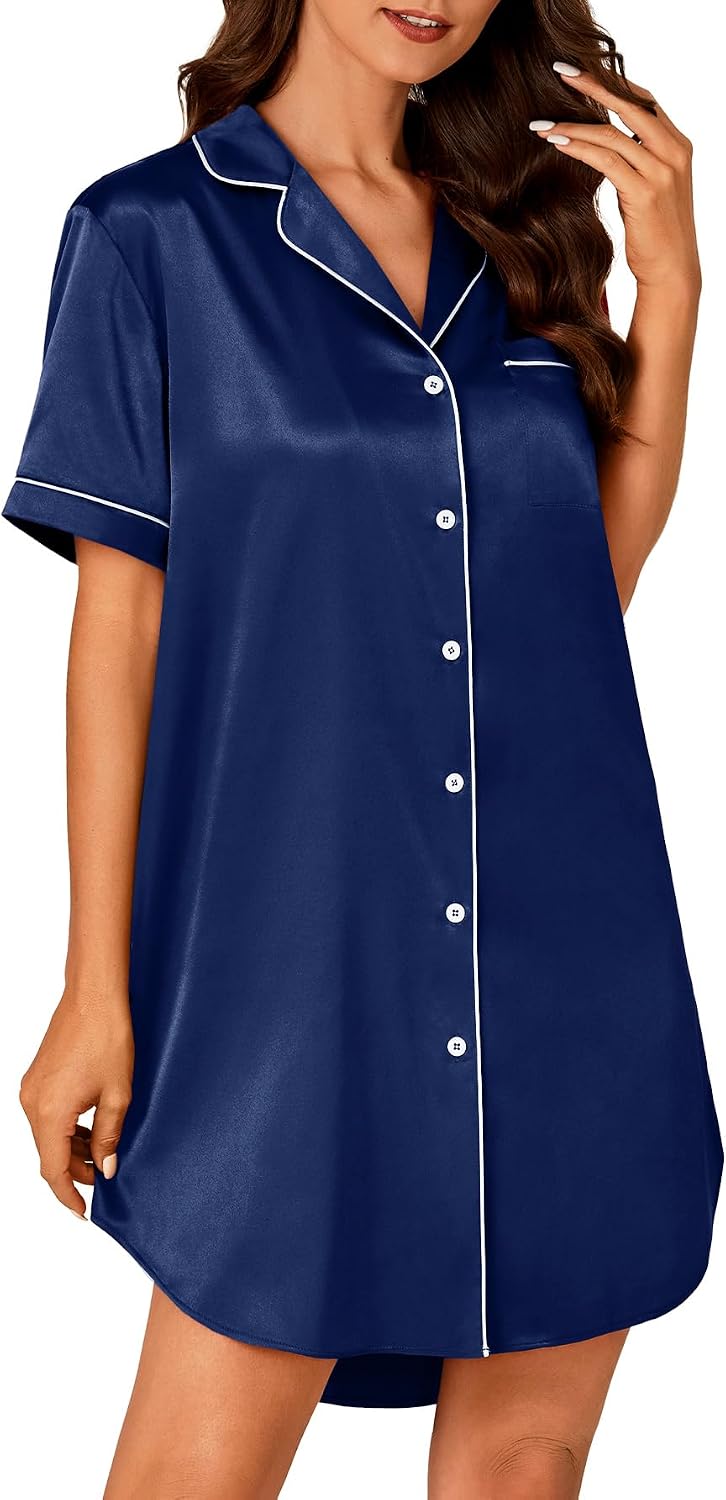 Vrtige Women's Satin Nightgown Silk Short Sleeve Nightshirt Button Down Sleepshirt Sleepwear