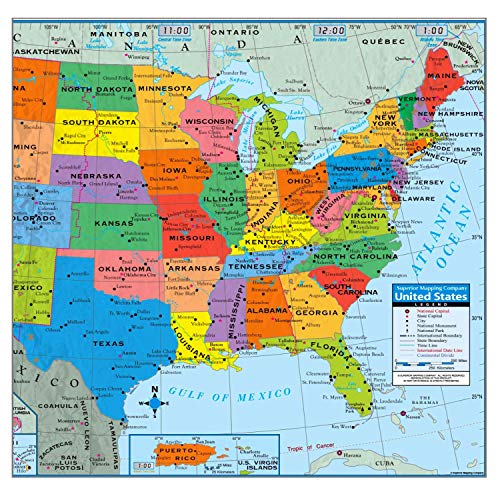 Mapa de parede tamanho pôster da Superior Mapping Company dos Estados Unidos 101,6 cm x 60,96 cm com