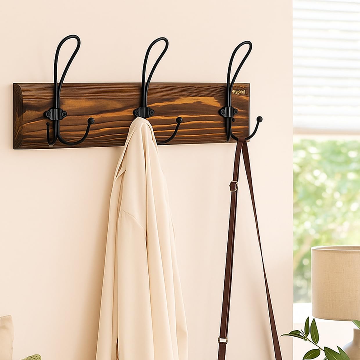 Rustic Wood Wall Coat Rack with Hooks - Wall Mounted or Adhesive Towels Hangers for Bathroom Robes - Farmhouse Entryway Organizer, Decorative Hooks for Hats Keys Purses Bags