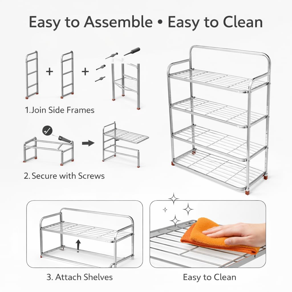 auram Stainless Steel Shoe Rack for Home - 4-Layer Heavy Duty Shoe Organizer Stand - Rust Proof Metal Shoe Shelf for Entryway, Bedroom & Balcony - Strong & Durable Footwear Storage Rack 1