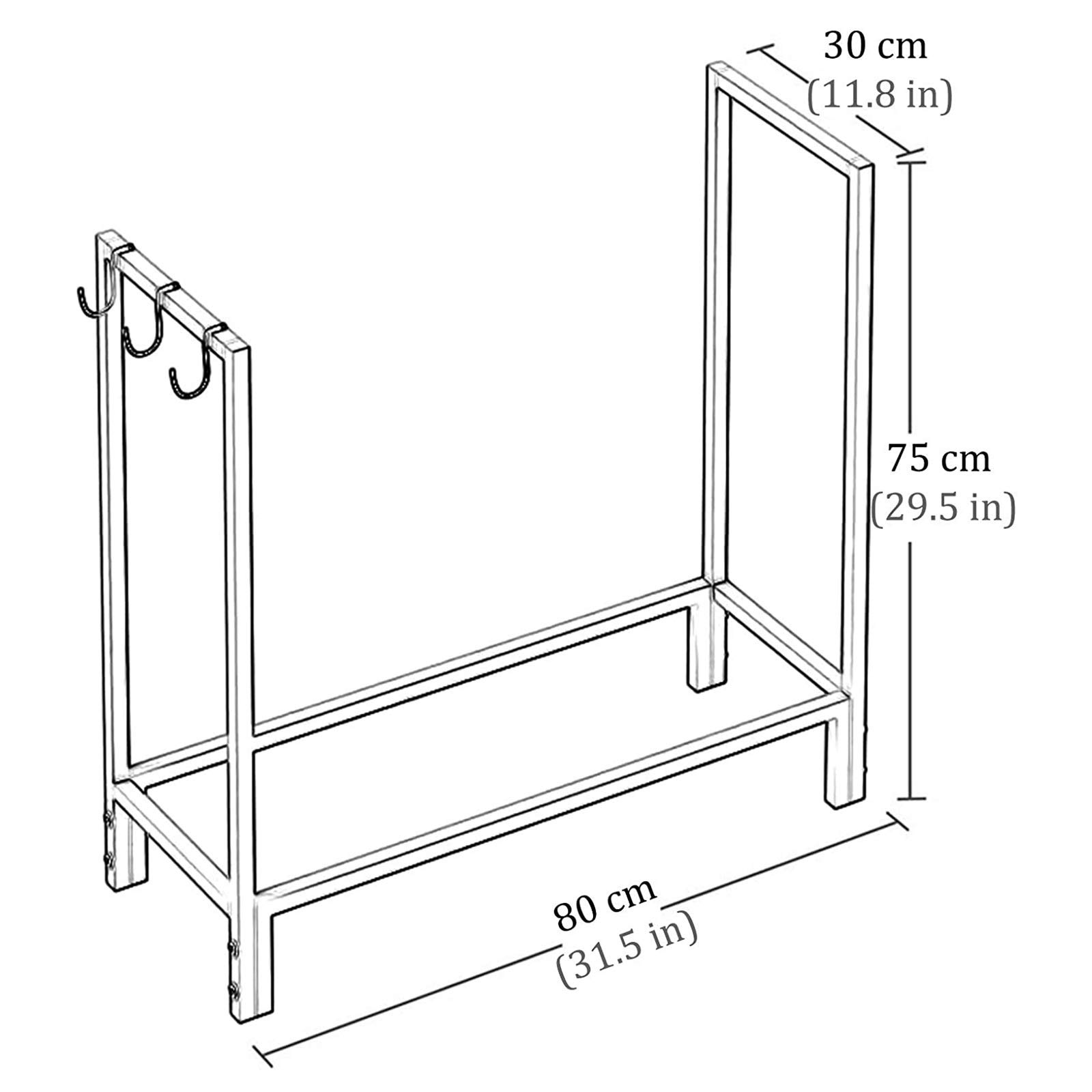 Portalegna da ardere di Grandi Dimensioni per Esterni/Patio/terrazza/Cortile, Supporto per Legna da ardere in Metallo Resistente, Alto 75 cm, con 3 Ganci, Nero,