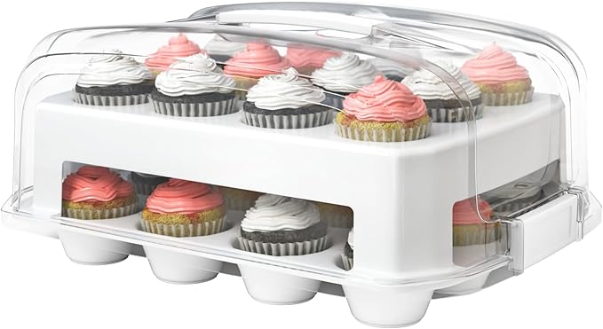 Cupcake Carrier, White Cupcake Holder Carries 24 Standard-Size Cupcakes, Muffin Traveler Two Tier Stand Reusable Cupcake Box