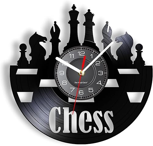 Reloj de pared decorativo de 12 pulgadas, reloj de pared de ajedrez hecho de disco de vinilo real, piezas de tablero de ajedrez, diseño vintage,