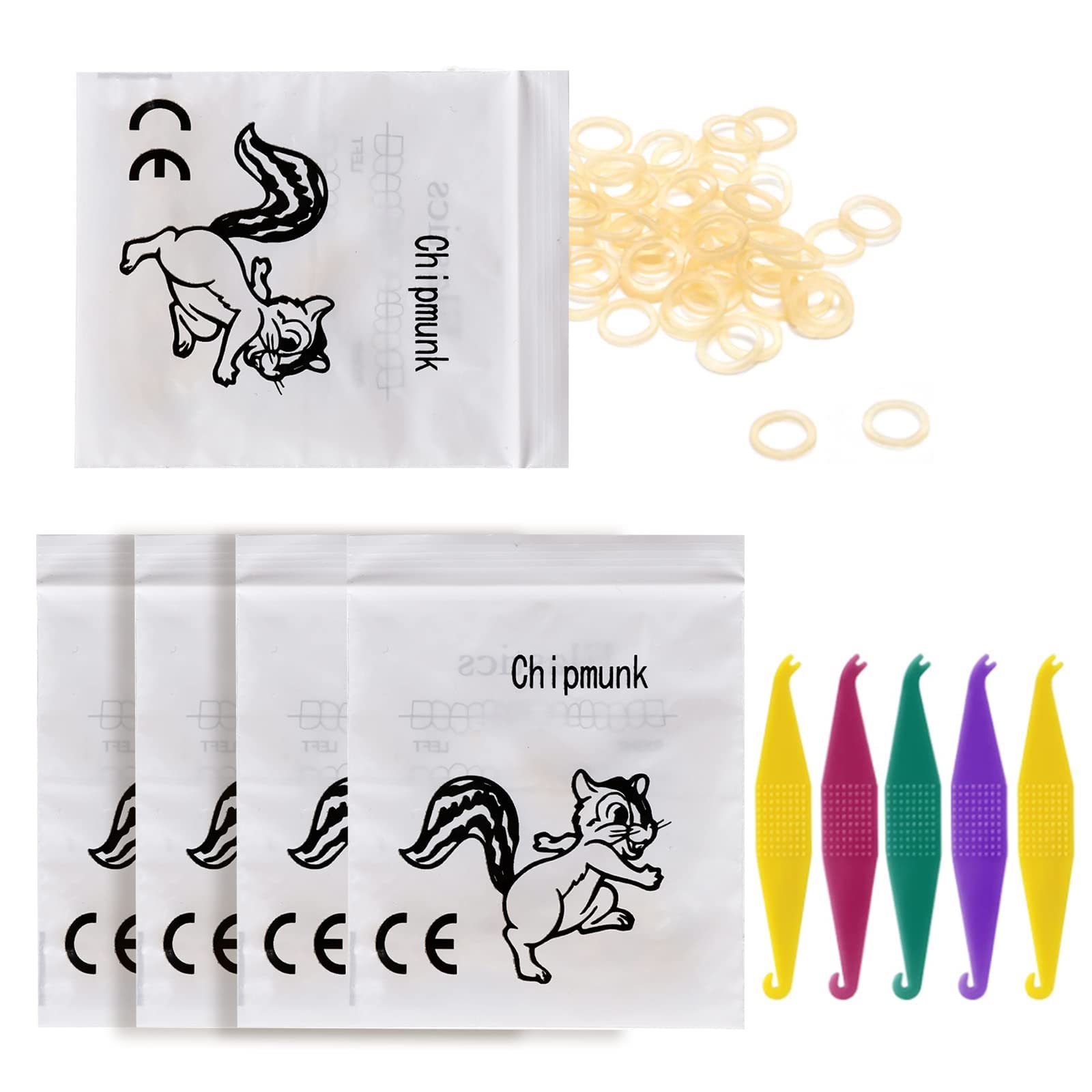 RZJZGZ 5.0 Count Rubber Traction Bands, 1/8" Chipmunk, 500 Pcs with 5 Pcs Plastic Orthodontic Elastic Placers