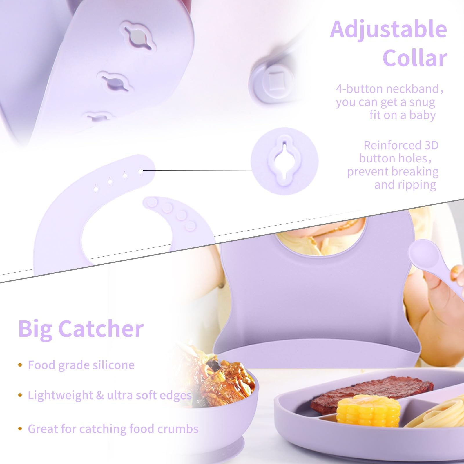 Tony Stark 7 Pcs Silicone Baby Feeding Set Bpa-Free,Microwave Safe,Anti-Slip Base | Complete Tableware Kit for Babies & Toddlers with Suction Plate,Curved Dish  ,Cup, Spoon,Fork & Bib (Lavender) - Image 5 thumbnail