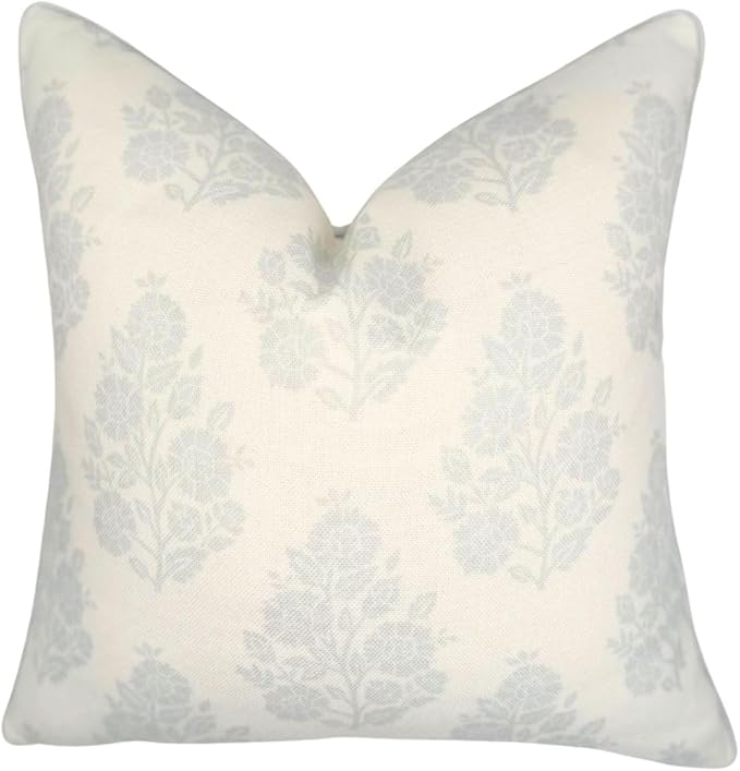 “The Patty” Floral Block Print Pillow Cover – Neutral Gray Decorative Throw Pillow Cover with White Background – Grandmillennial Home Decor, 20" x 20"