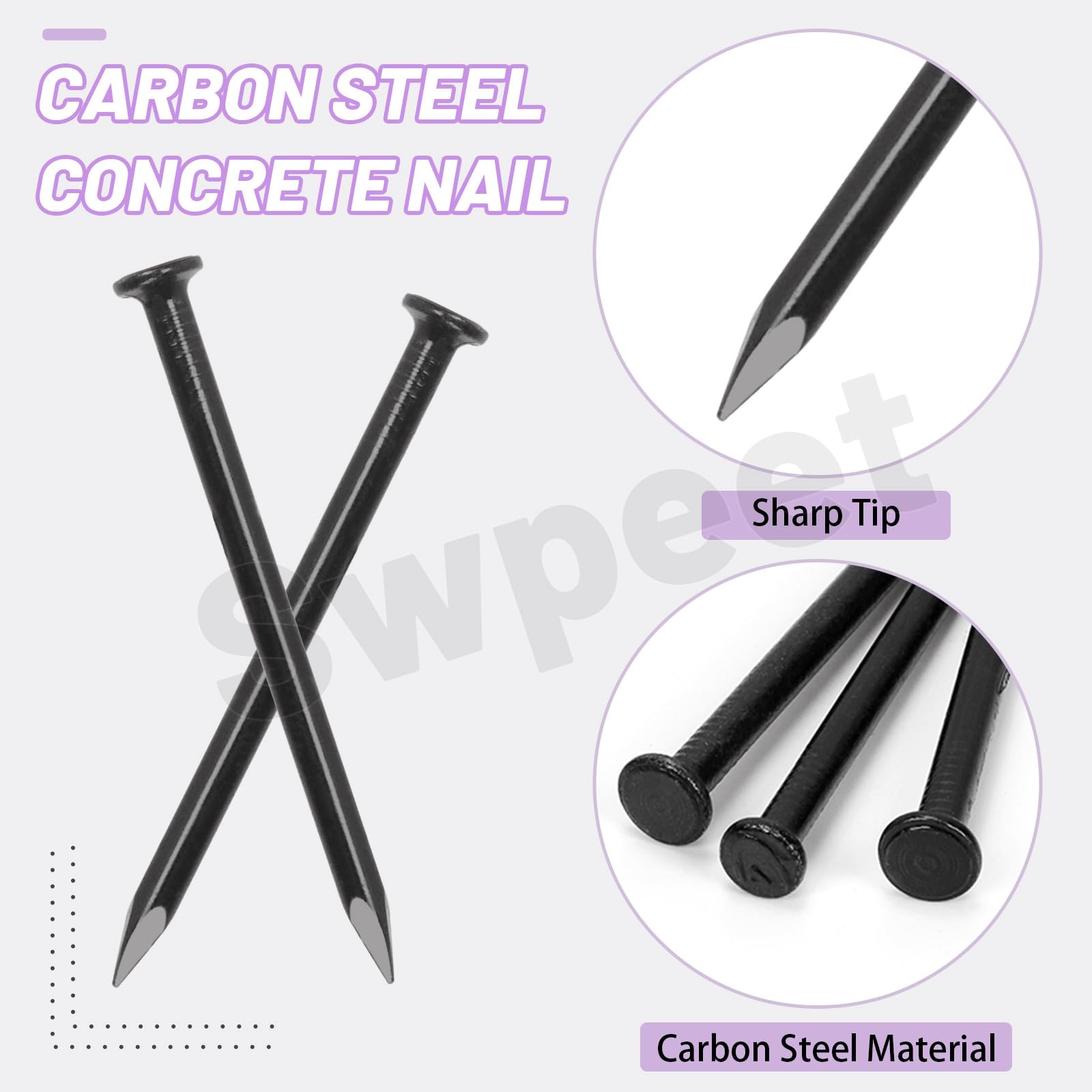 Swpeet Set di 150 chiodi neri per hardware da 2", chiodi in acciaio, chiodi zincati da 3,3 x 50 mm, piccoli chiodi, chiodi da parete, chiodi in legno, chiodi per calcestruzzo
