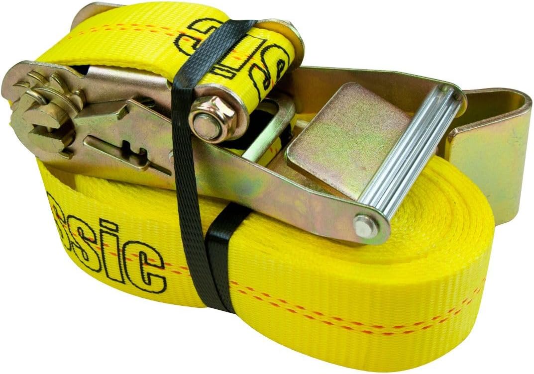 VULCAN Ratchet Strap with Flat Hooks - 2 Inch x 27 Foot - 2 Pack - Yellow - 3,300 Pound Safe Working Load