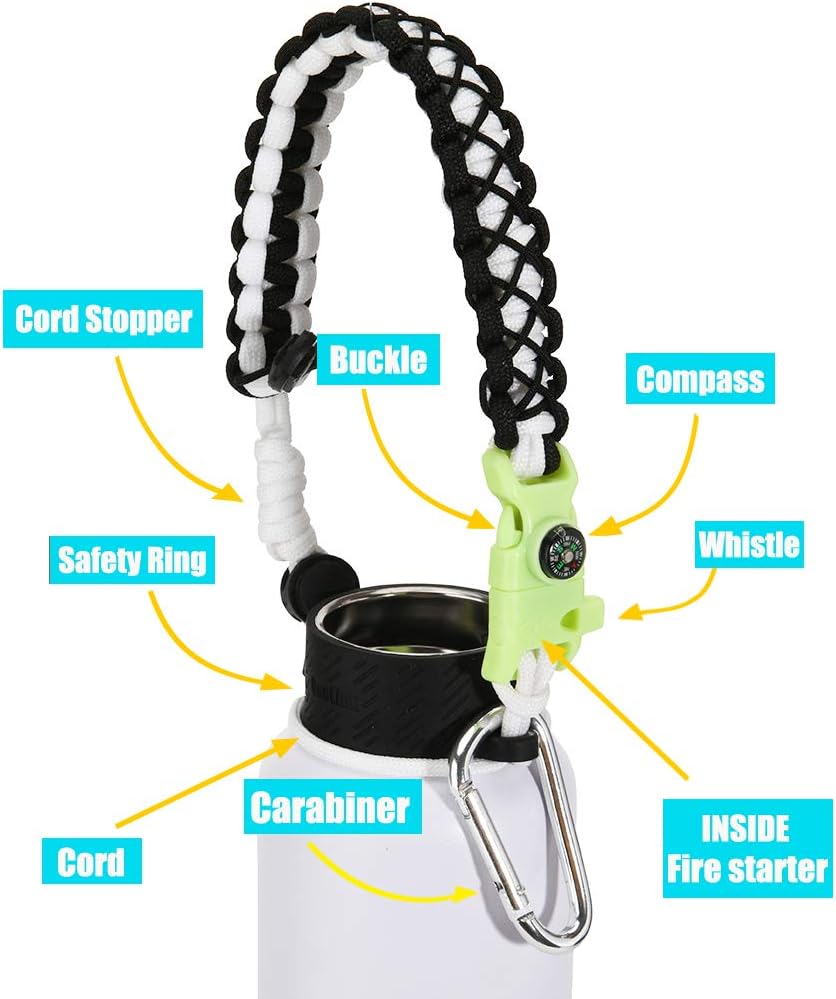QeeLink Paracord Hande Compatible with Hydro Flask Standard Mouth Water Bottle Carrier with Safety Ring Holder | Simple Modern Ascent | Vmini Cell Strap - 12 oz, 18oz, 21 oz, 24 oz