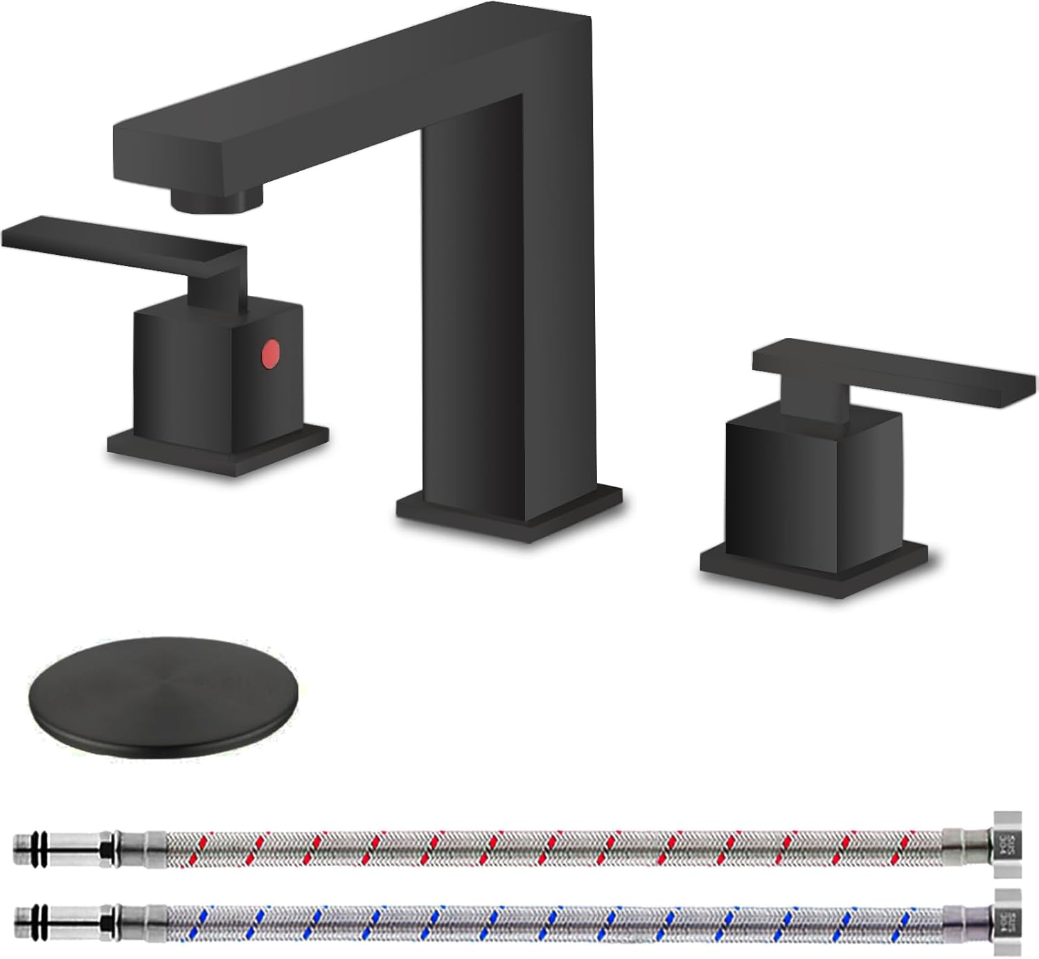 KINGO HOME 3 Hole Matte Black Bathroom Faucet, 8 Inch 2 Handle Modern Widespread Bathroom Sink Faucet, Vanity Basin Sink Faucet with Supply Hoses and Pop-Up Drain Stopper