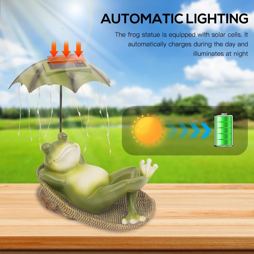 NAVESO Solarna rzeźba żaby, ozdoby ogrodowe na zewnątrz, żaba, latarnia solarna, rzeźba z żywicy, dekoracje stawu z wodoodpornymi lampkami LED, solarne lampy do ogrodu na zewnątrz, dekoracja na