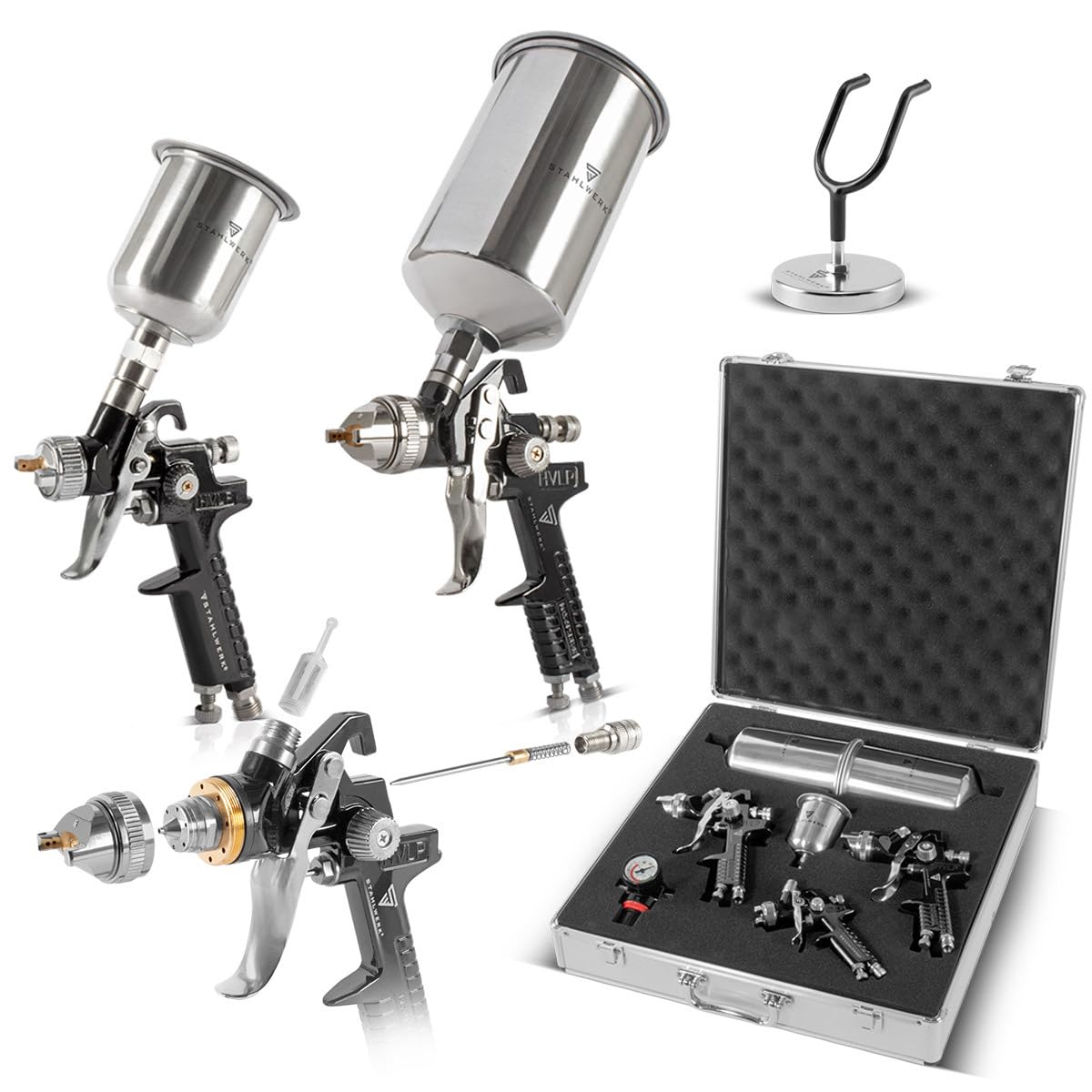 STAHLWERK HVLP Lackierpistolen 3er Set SGS-1125 ST – 21-teilig | Druckluft-Lackierpistolen mit Düsensatz 0,8/1,4/1,7 mm, inklusive Lackierpistolen-Halter