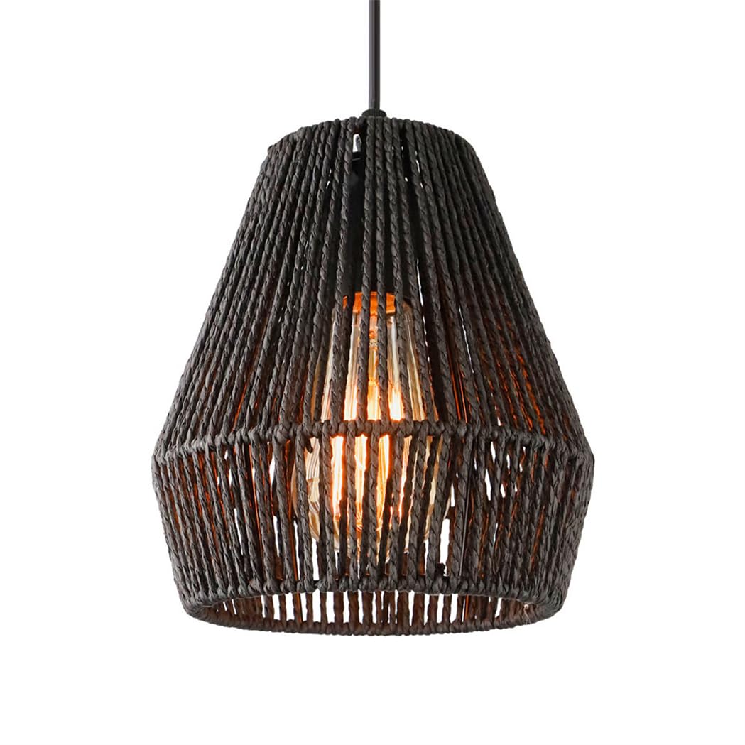 LQZCXMF Wabi Sabi Japanese Small Light Fixture Black Hemp Rope Pendant Lamp 7.8'' Rustic Lantern Pendant Lamp Tropical Farmhouse Hanging Lamp for Dining Room, Bedside, Living Room, Entryway, Balcony