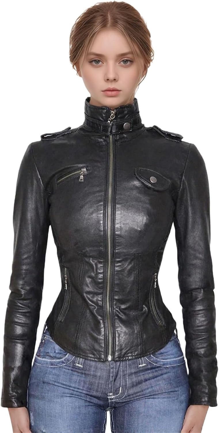 TOMETO STAR Women's Goth Leather Mock Neck Jacket - Techwear Long Sleeves Zippered Rave Streetwear Going Out
