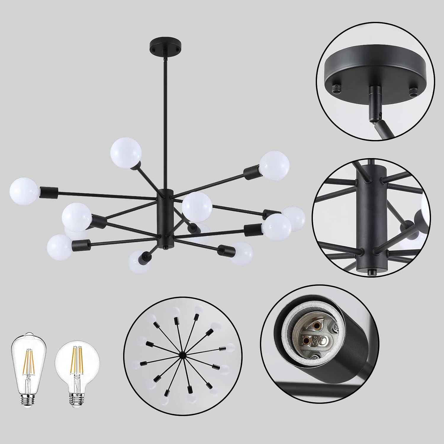 AMZASA Black Sputnik Chandeliers, 12 Light Modern Farmhouse Mid Century Pendant Light, Chandeliers for Dining Room Living Room Kitchen Island Entryway Foyer, UL Listed