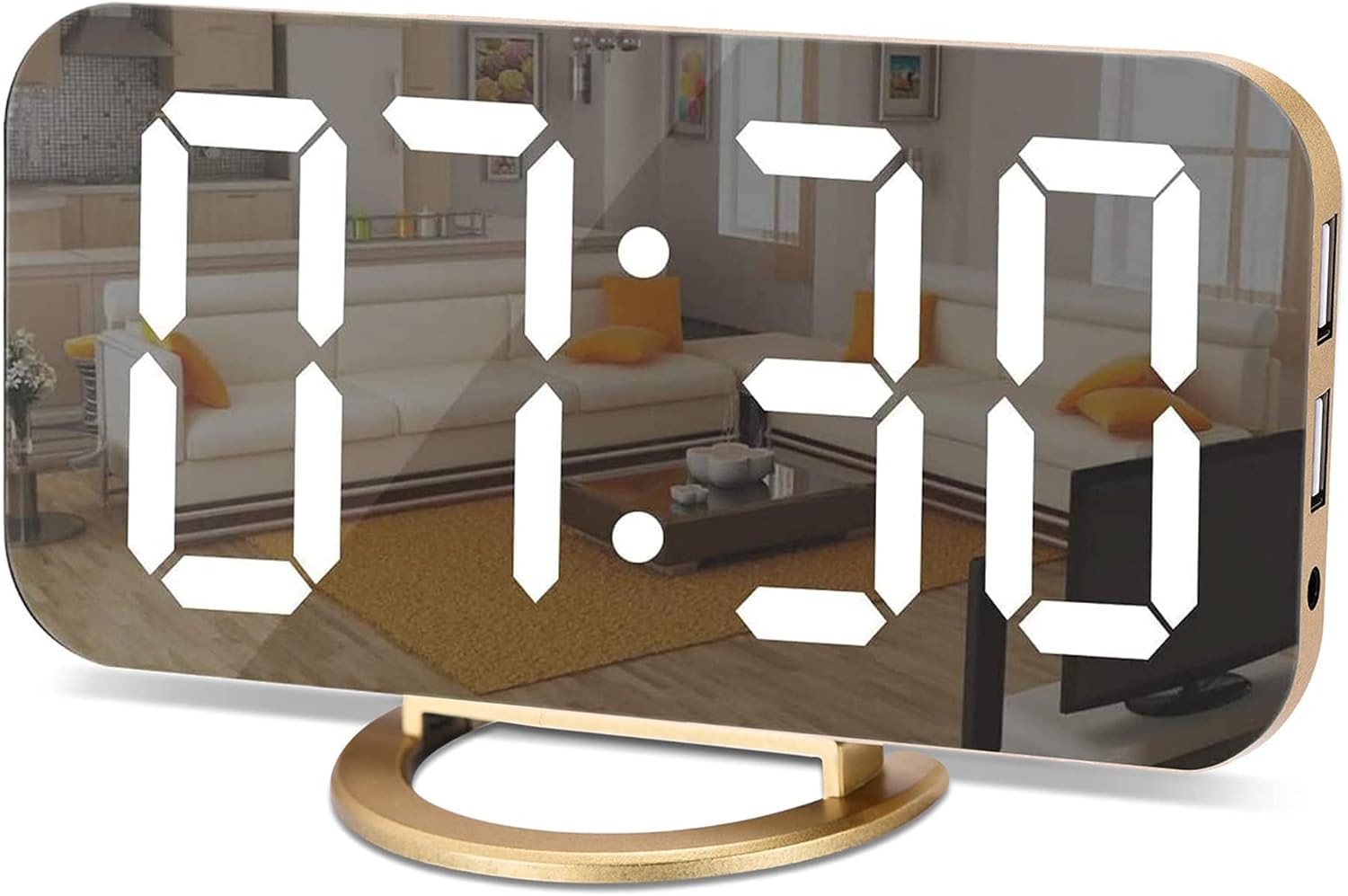 Digital Alarm Clock Set 2, LED and Mirror Digital Large Display with Dual USB Charger Ports | Auto Dimmer Mode | Easy Snooze Function, Modern Desk Wall Clock for Bedroom Home Office (Black+ Gold)
