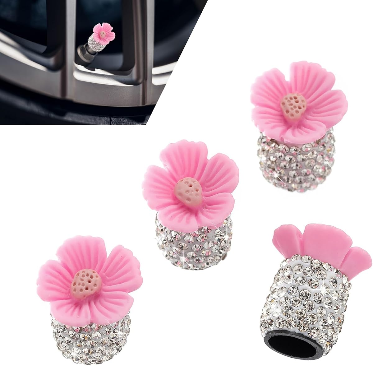 4 PC Bling Valve Stem Caps, Cute Sakura Flower Car Wheel Tire Valve, Attractive Bling Dustproof Auto Air Cap Covers, Universal for Cars Trucks Bicycle and Motorcycles (Pink)