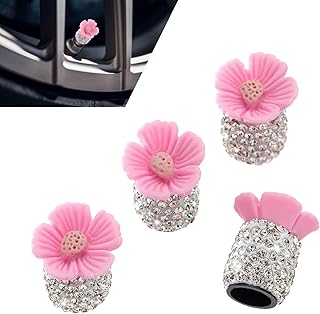 4 PC Bling Valve Stem Caps, Cute Sakura Flower Car Wheel Tire Valve, Attractive Bling Dustproof Auto Air Cap Covers, Universal for Cars Trucks Bicycle and Motorcycles (Pink)