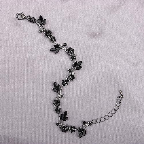 Brides Bridesmaid Flower Leaf Choker Necklace Dangle Earrings Link Bracelet Austrian Crystal Wedding Jewelry Set for Prom Costume Party Accessories for Woman(Black-Gun plated)4