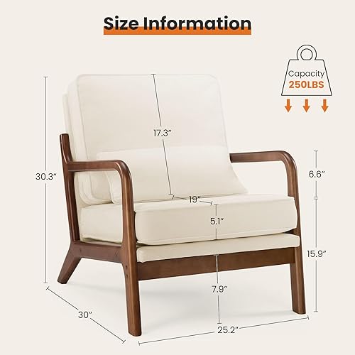 Miniatura 3 de Sweetcrispy Accent - Silla moderna de mediados de siglo con almohada, sillón tapizado, silla de lectura cómoda de tela de lino con marco de madera