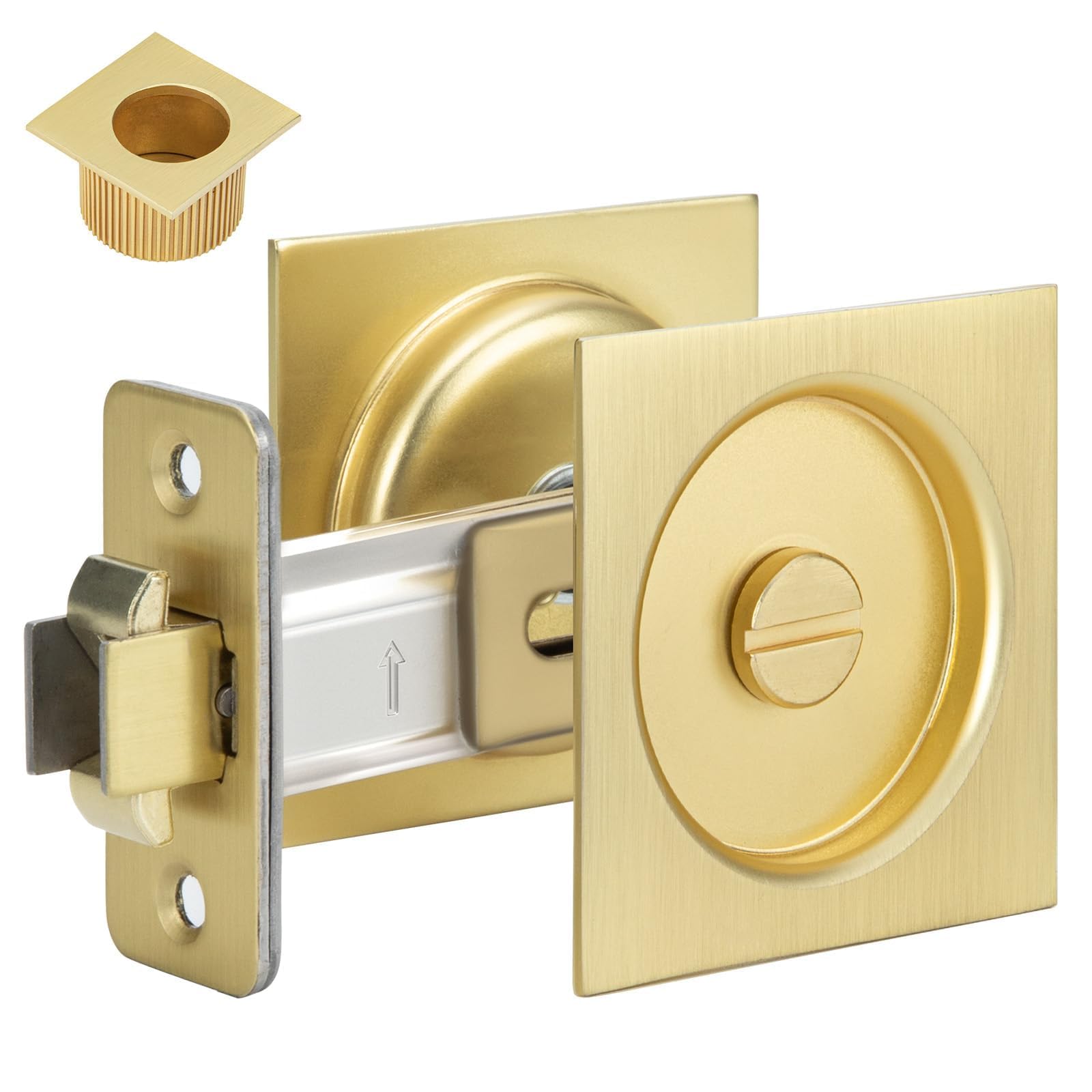 goldenwarm Brushed Gold Pocket Door Lock with Pull, Square Pocket Door Hardware 2-3/4" Backset, Gold Pocket Door Handles 1 Pack