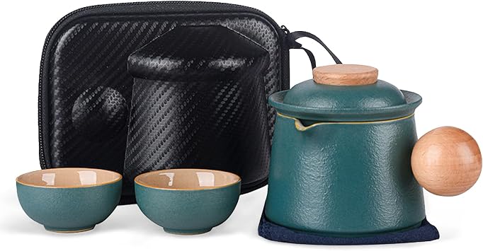 fanquare Porcelain Tea Set Green Mini Portable Travel Tea Set Chinese Kung Fu Teapot with Infuser Storage Bag for Outdoors