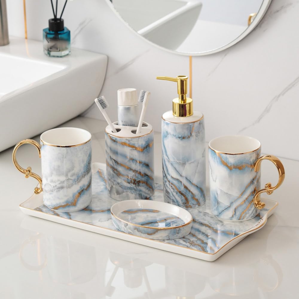 Luxuriöses Marmor-Badezimmerzubehör-Set, 5-teiliges Bad-Set mit Zahnbürstenhalter, Zahnputzbecher, Seifenspender und mattem Finish, elegantes Geschenk-Set für Badezimmer-Dekoration, Blau,