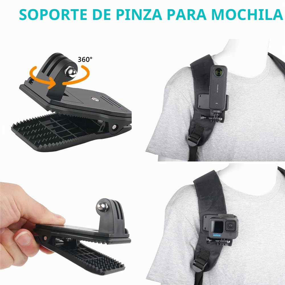 10 en 1 Kit Accesorios Camara Deportiva para Insta360 X5/X4/X3/Ace Pro,Soporte movil Pecho,Correa para la Cabeza y muñeca,Mochila Clip y Soporte Flotante Compatible con GoPro Hero,Negro