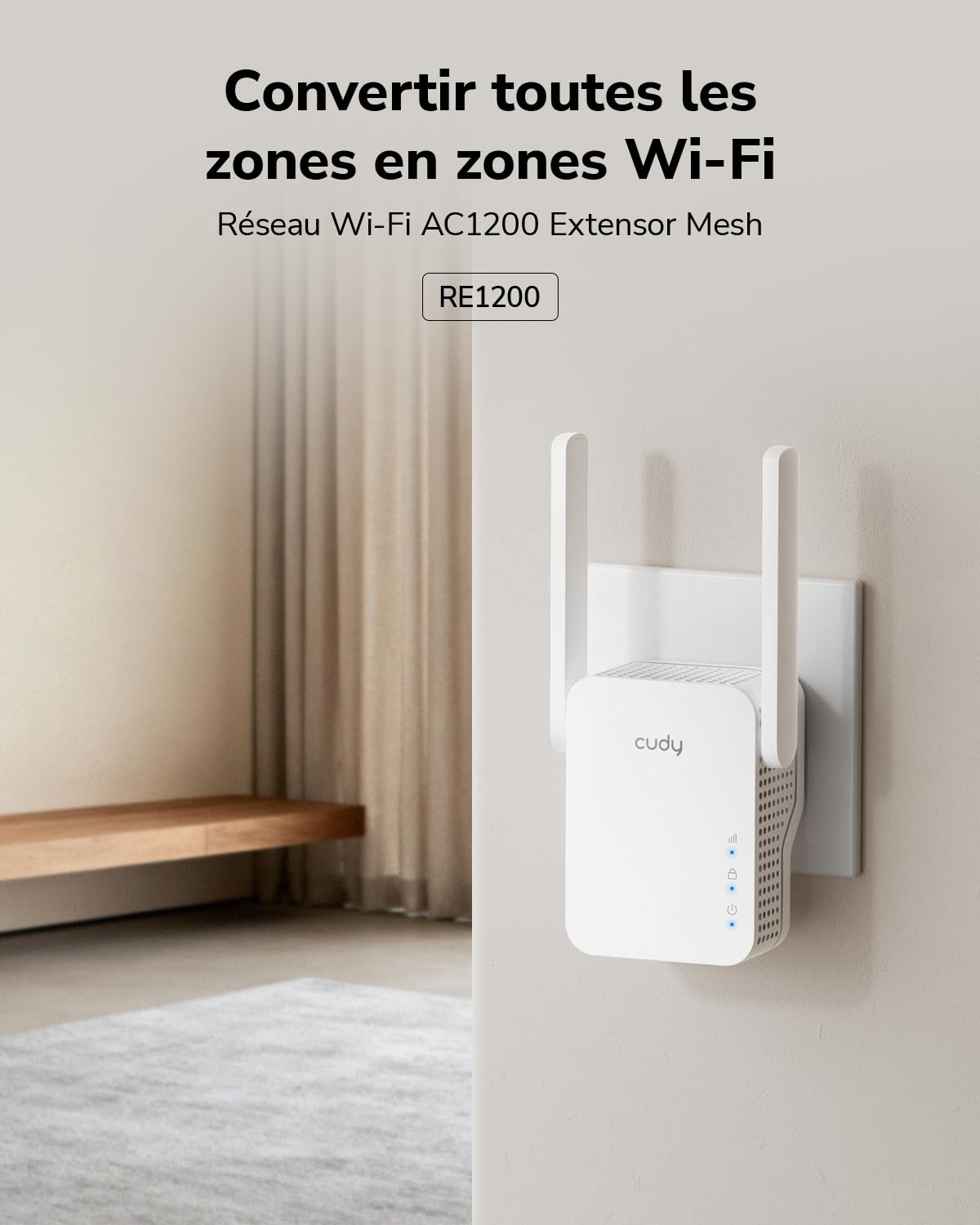 Cudy AC1200 Mesh Répéteur WiFi Mesh1200 Mbps 5 GHz/2,4 GHz, amplificateur WiFi Extendeur avec Prise, indicateur de Signal, antennes internes, Blanc RE1200